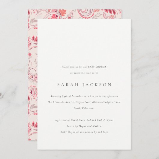 Invitation Baby shower de typographie moderne Blush Paisley (Devant / Derrière)