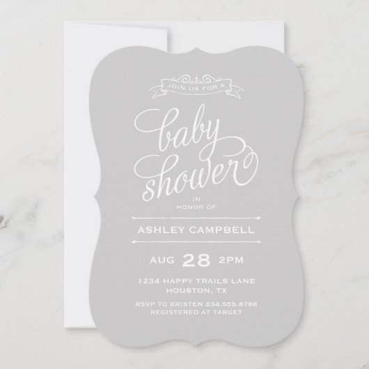 Invitation Baby shower de typographie moderne gris (Devant)