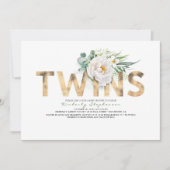Invitation Baby shower de typographie or floral Twins (Devant)