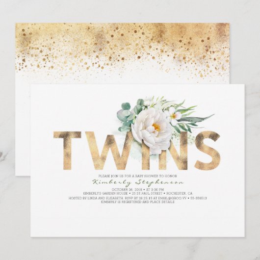 Invitation Baby shower de typographie or floral Twins (Devant / Derrière)