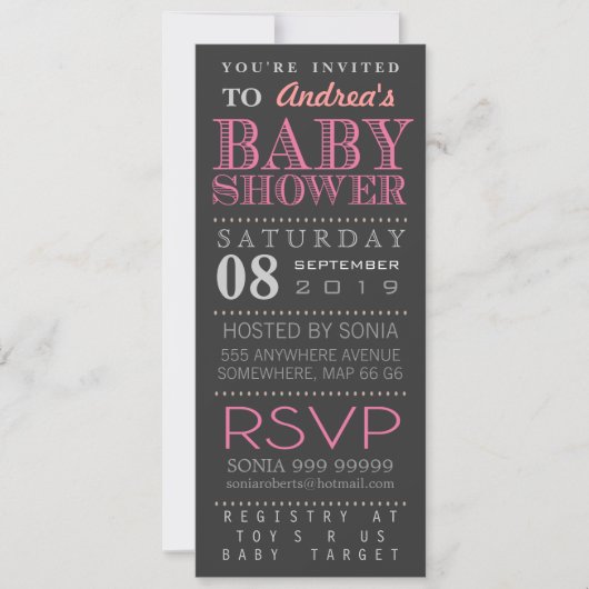 Invitation Baby shower de typographie rose fille moderne long (Devant)