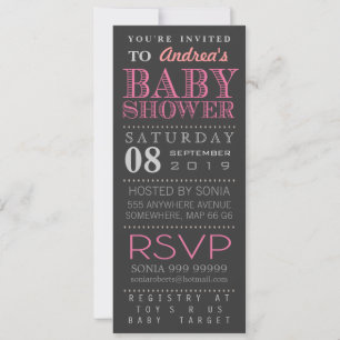 Invitation Baby shower de typographie rose fille moderne long