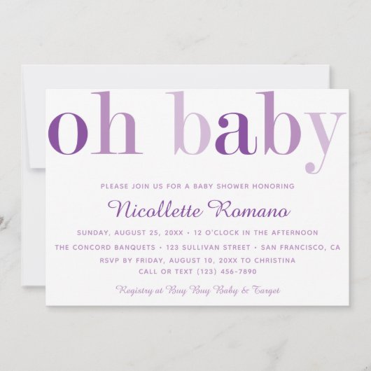 Invitation Baby shower de typographie violet Oh Baby Bold (Devant)