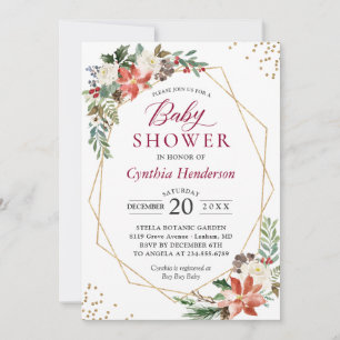 Invitation Baby shower de vacances Xmas Poinsettia Floral Gol