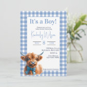 Invitation Baby shower de vache bleu en vichy Highland (Debout devant)