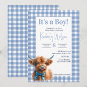Invitation Baby shower de vache bleu en vichy Highland (Devant / Derrière)