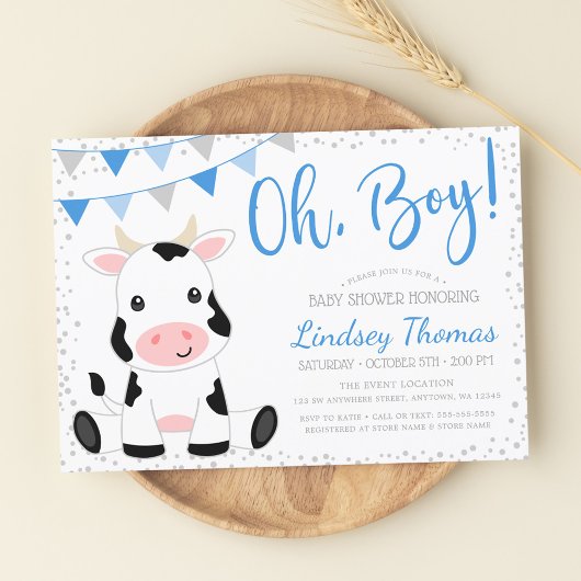 Invitation Baby shower de Vache de garçon Blue Oh