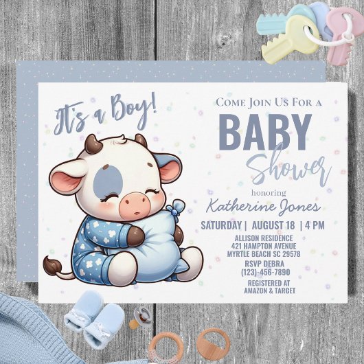 Invitation Baby shower de vache Dusty Blue Boy Farm
