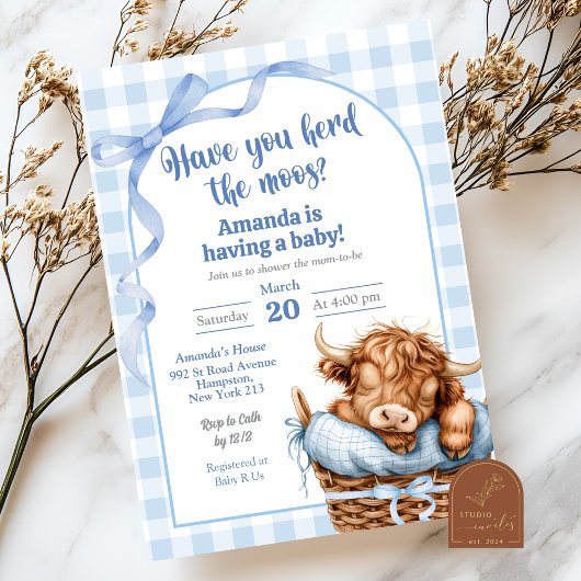 Invitation Baby shower de vache En vichy de Preppy bleu