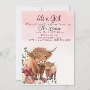 Invitation baby shower de vache Highland à fleurs