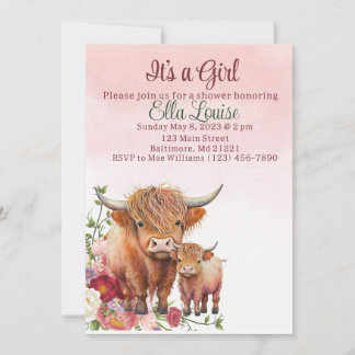 Invitation baby shower de vache Highland à fleurs 