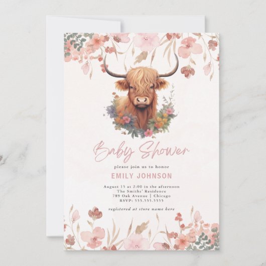 Invitation Baby shower de vache Highland Flowers (Devant)