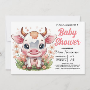 Invitation Baby shower de vache numérique Whimsical rose