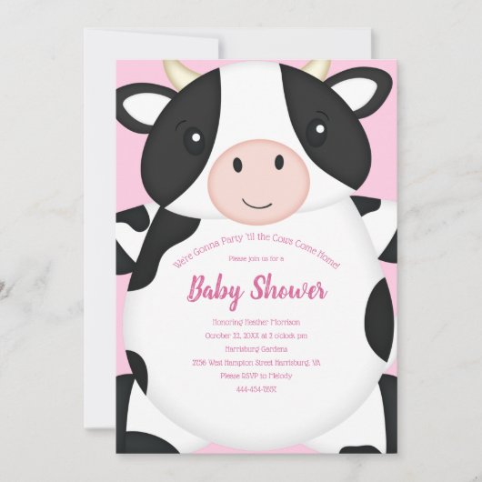 Invitation Baby shower de vache rose (Devant)