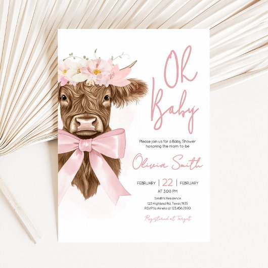 Invitation Baby shower de vache rose Floral Highland