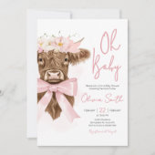 Invitation Baby shower de vache rose Floral Highland (Devant)