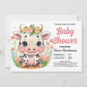 Invitation Baby shower de vache rose moderne élégant