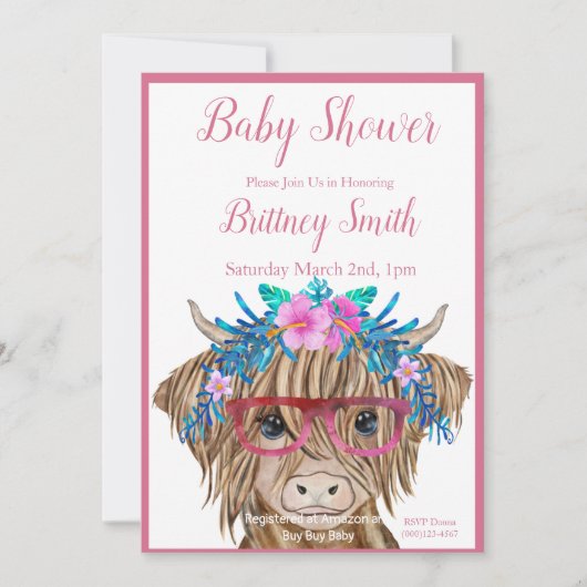 Invitation Baby shower de vache, Vache de Highland (Devant)