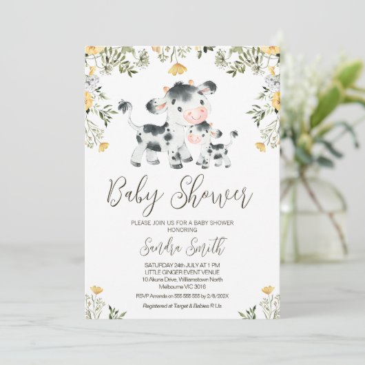 Invitation Baby shower de veau de vache Fleur sauvage jaune (Debout devant)