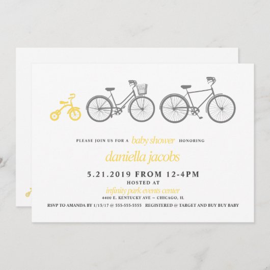 Invitation Baby shower de vélo jaune (Devant / Derrière)