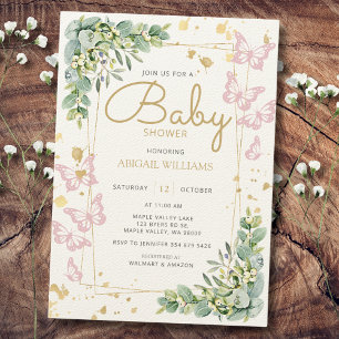 Invitation Baby shower de verdure à papillon rose Gold Sprink