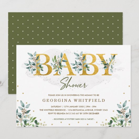 Invitation Baby shower de verdure botanique / Feuilles d'or v (Devant / Derrière)