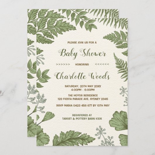 Invitation Baby shower de verdure botanique forêt d'invitatio (Devant / Derrière)
