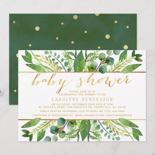 Invitation Baby shower de verdure chic et d'huile d'or neutre (Devant / Derrière)