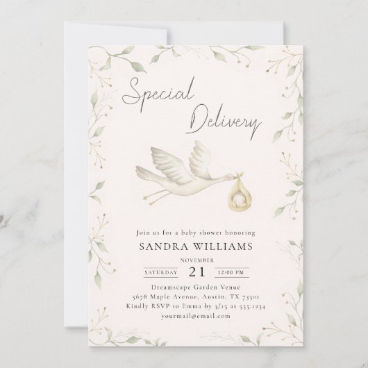 Invitation Baby shower de verdure cigogne (Devant)