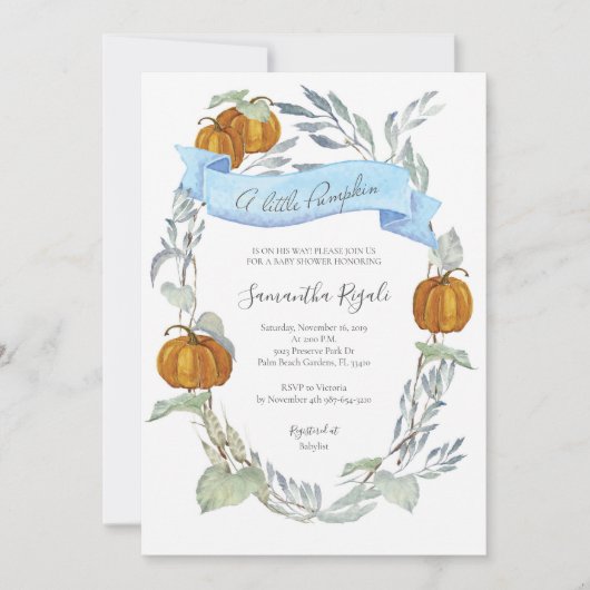 Invitation Baby shower de verdure Citrouille Bleu automne (Devant)