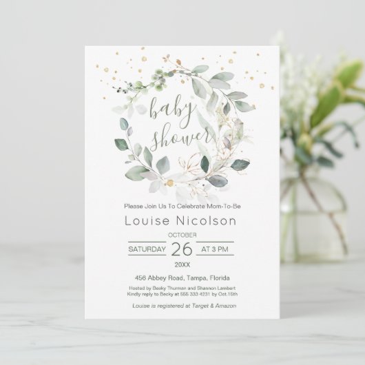 Invitation Baby shower de verdure d'aquarelle (Debout devant)