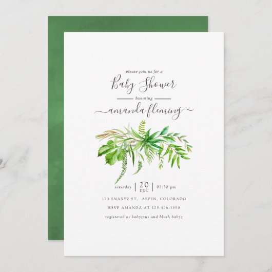 Invitation Baby shower de verdure de la forêt d'aquarelles (Devant / Derrière)