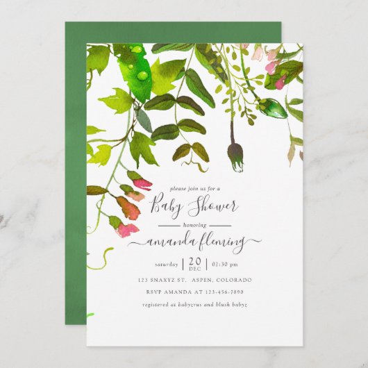 Invitation Baby shower de verdure de printemps aquarelle (Devant / Derrière)