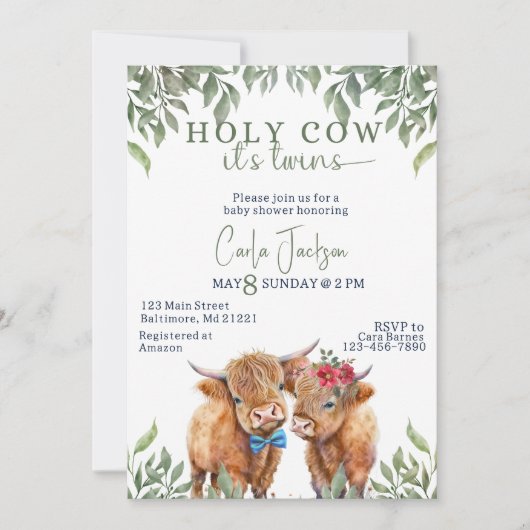 Invitation baby shower de verdure de vache de haute-terre jum (Devant)