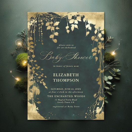 Invitation Baby shower de verdure Enchanted Forêt Gold Cadre