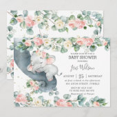 Invitation Baby shower de verdure fleurie rose éléphant (Devant / Derrière)