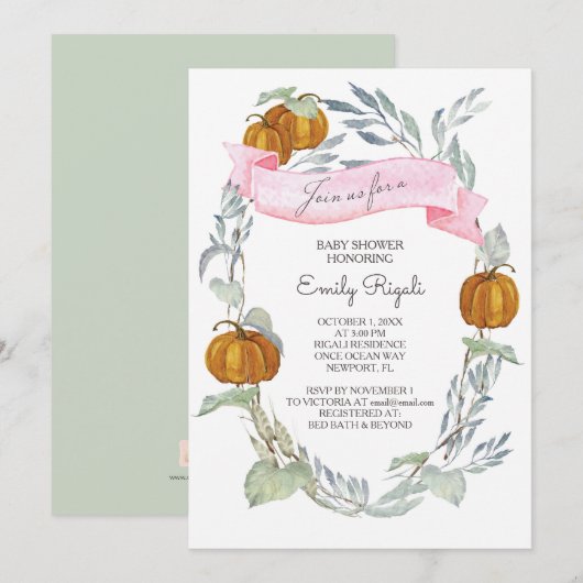 Invitation Baby shower de verdure rose Citrouille Automne (Devant / Derrière)