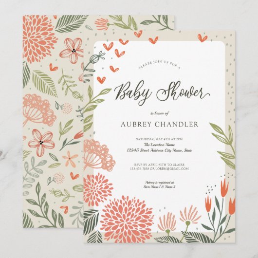 Invitation Baby shower de verdure rose floral (Devant / Derrière)