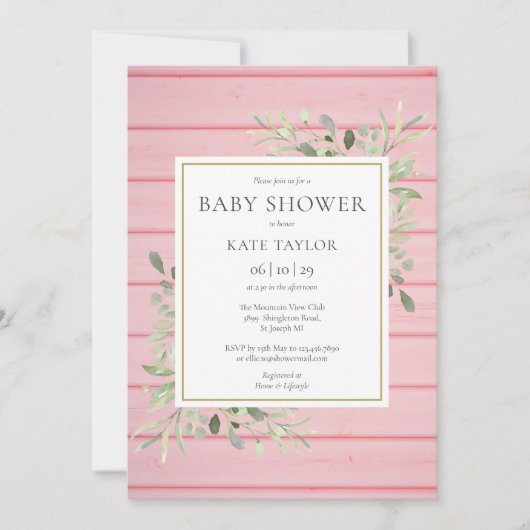 Invitation Baby shower de verdure rose rustique (Devant)