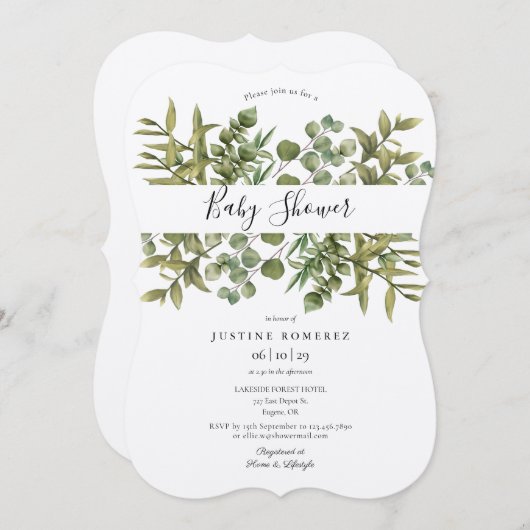 Invitation Baby shower de verdure rustique des Eucalyptus (Devant / Derrière)