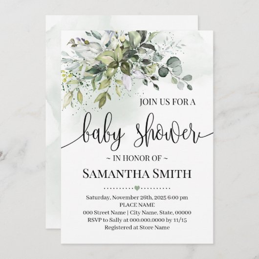 Invitation Baby shower de verdure succulent à l'Eucalyptus (Devant / Derrière)