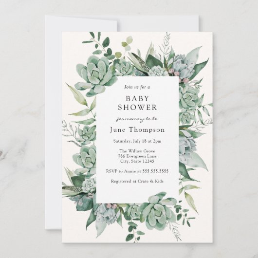 Invitation Baby shower de verdure succulent d'Eucalyptus (Devant)