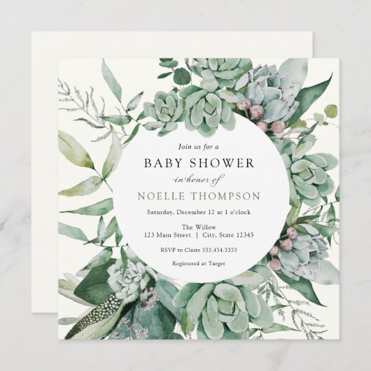Invitation Baby shower de verdure Succulent et Eucalyptus (Devant / Derrière)