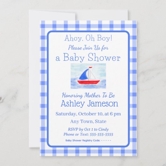 Invitation Baby shower de vérification bleu bateau à voile Wa (Devant)