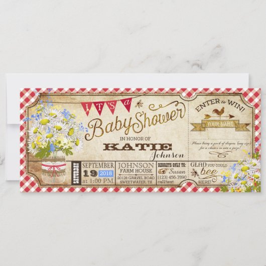Invitation Baby shower de vérification de En vichy rouge piqu (Devant)