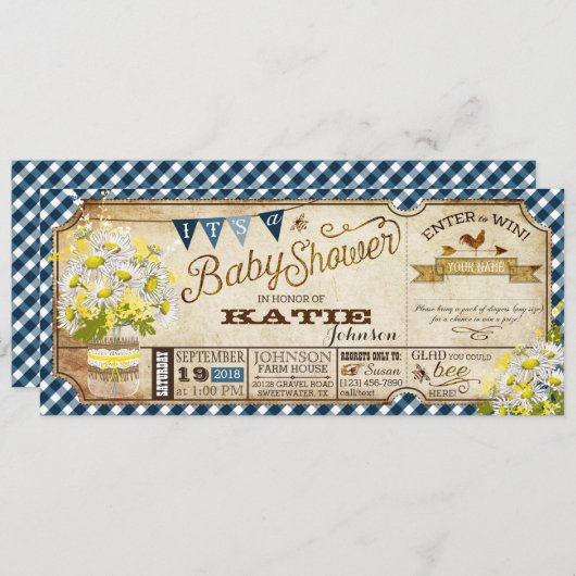 Invitation Baby shower de vérification En vichy Daisy Picnic  (Devant / Derrière)