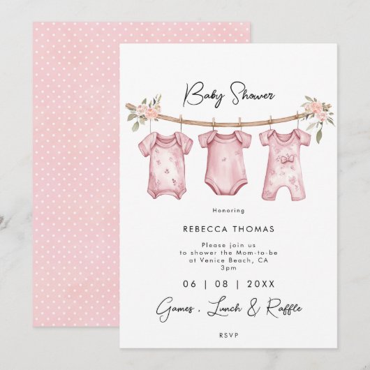 Invitation baby shower de vêtements de bébé rose (Devant / Derrière)