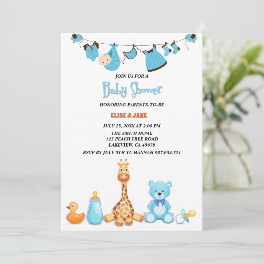 Invitation Baby shower de vêtements et jouets d'aquarelle pou (Debout devant)