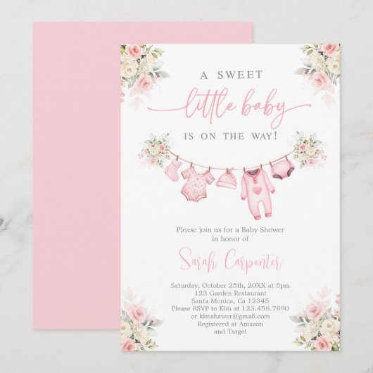 Invitation Baby shower de vêtements pour bébés filles (Devant / Derrière)