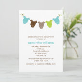 Invitation Baby shower de vêtements pour bébés verts et bleus (Debout devant)
